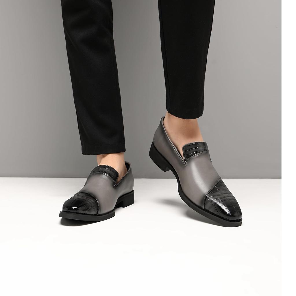 SANNAX Leather Business Dress Straight Premium Perfect for Gray Men's Shoes, Tip, Slip-On, Comfortable, Breathable, Lightweight, Commuting,