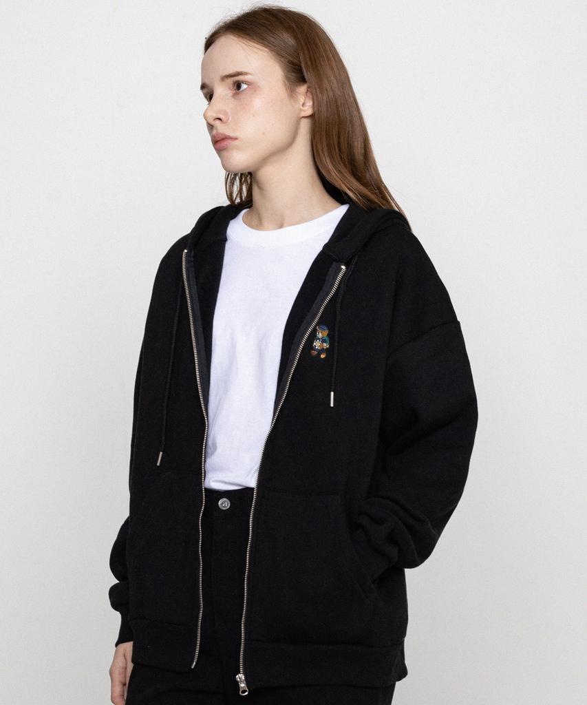Graver [Unisex] Daisy Bouquet Bear Embroidered Zip-Up Hoodie_Black