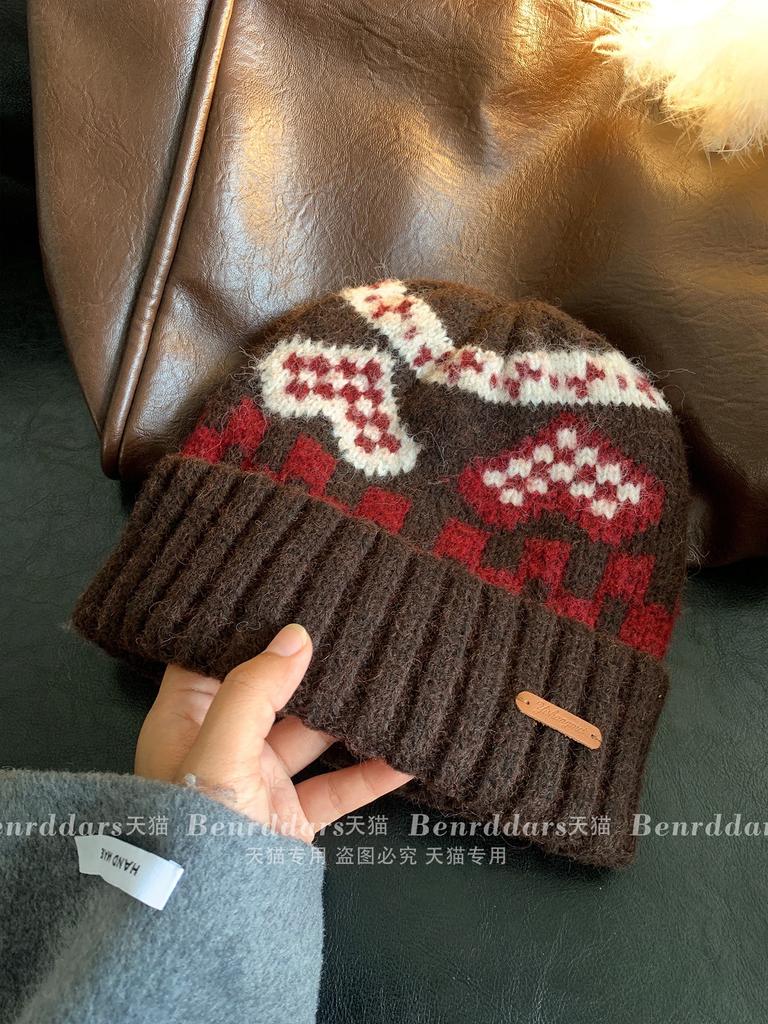 American retro color wool knitted wool hat women's season thickened warm ear protection show face small pullover cold hat