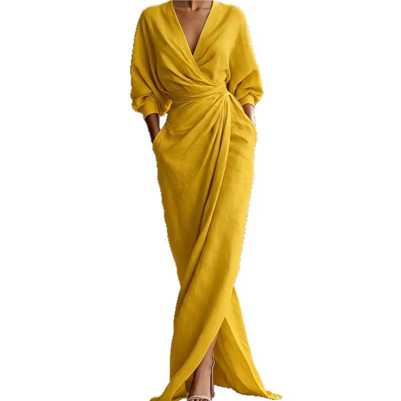 European and American new elegant solid color V-neck long-sleeved split waist pocket long dress