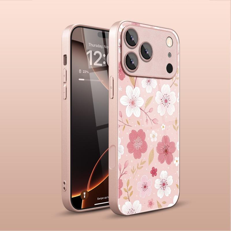 Pink White Flowers Pattern Metallic Tempered Glass Phone Case For iPhone 17 16 15 14 13 12 11 Pro Max 15 Plus 17 Air 17E Cover