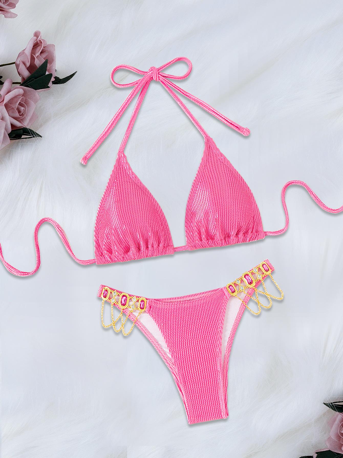 New Split Lace-Up Women S Solid Color Bikini Jewelry Triangle Bag Swimsuit S