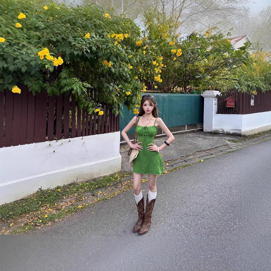 Island vacation wear French retro texture green lace-up jacquard suspender tube top dress short skirt women's summer
