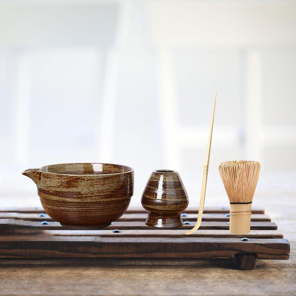 4 Pieces Matcha Bowl Bamboo Whisk and Holder Tea for Lovers Ceremony Tools