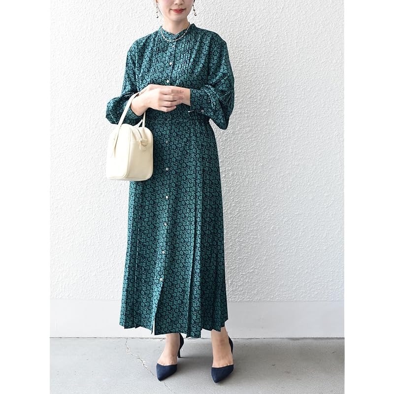 [Ships Ladies] SHIPS for women one piece WEB limited Hand washable dot/floral pattern band color side pleats ladies 314514409 dark green M