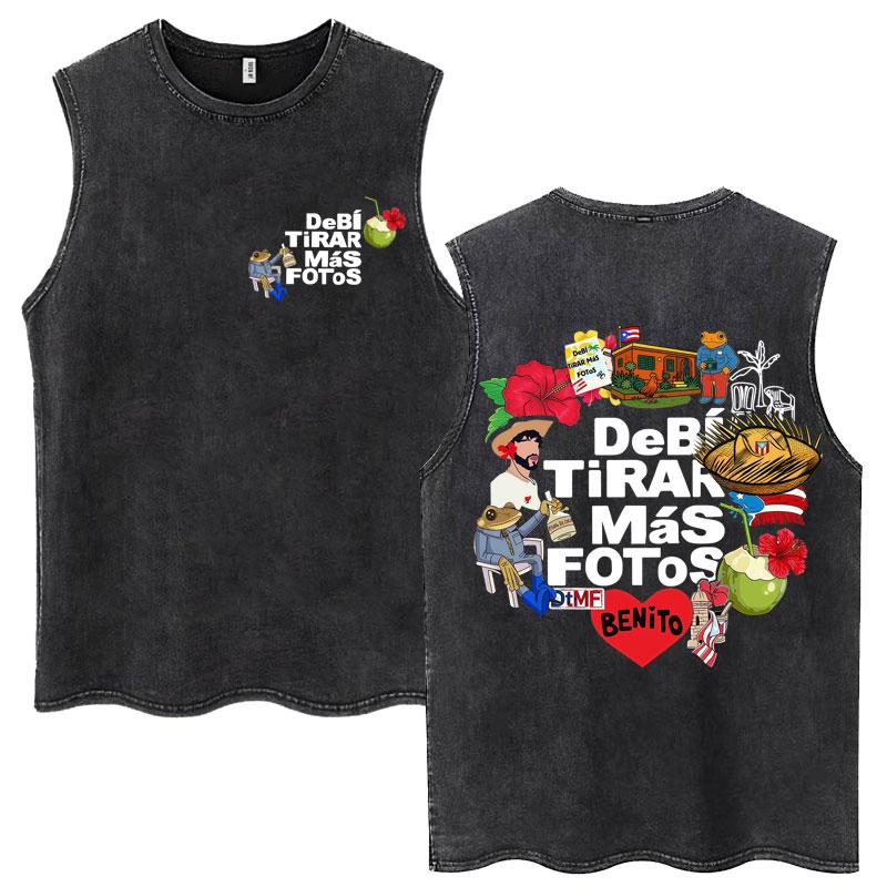 Rapper Bad Bunny Album Washed Vintage Tanktops Debi Tirar Mas Fotos DTMF Mouwloze T-shirts Mannen Vrouwen Oversized