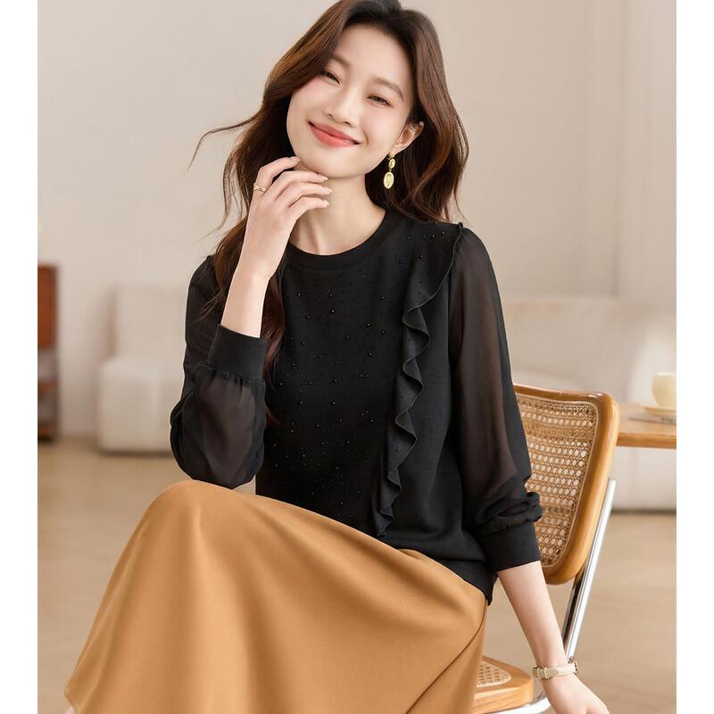 Oudifu Women s Mesh Splicing Round Neck T-shirt M