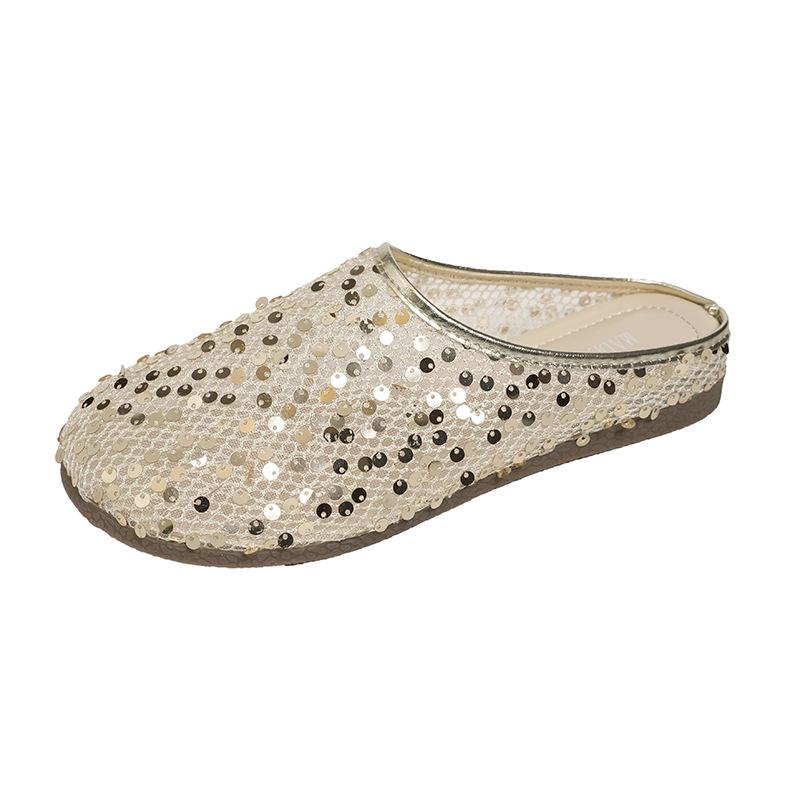 2025 Summer New Mesh Breathable Sequined Bag Head Half Slippers Women Wear Flat-bottomed One-pedal Lazy Shoes