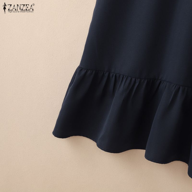 ZANZEA Abito midi casual da donna a maniche corte, tinta unita, con colletto rovesciato