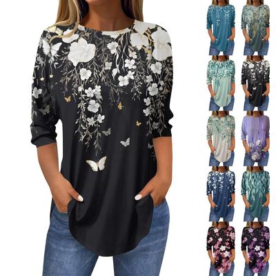 Womens T Shirts 3/4 Sleeve Shirts Color Pullover Summer Spring Tops Blouses