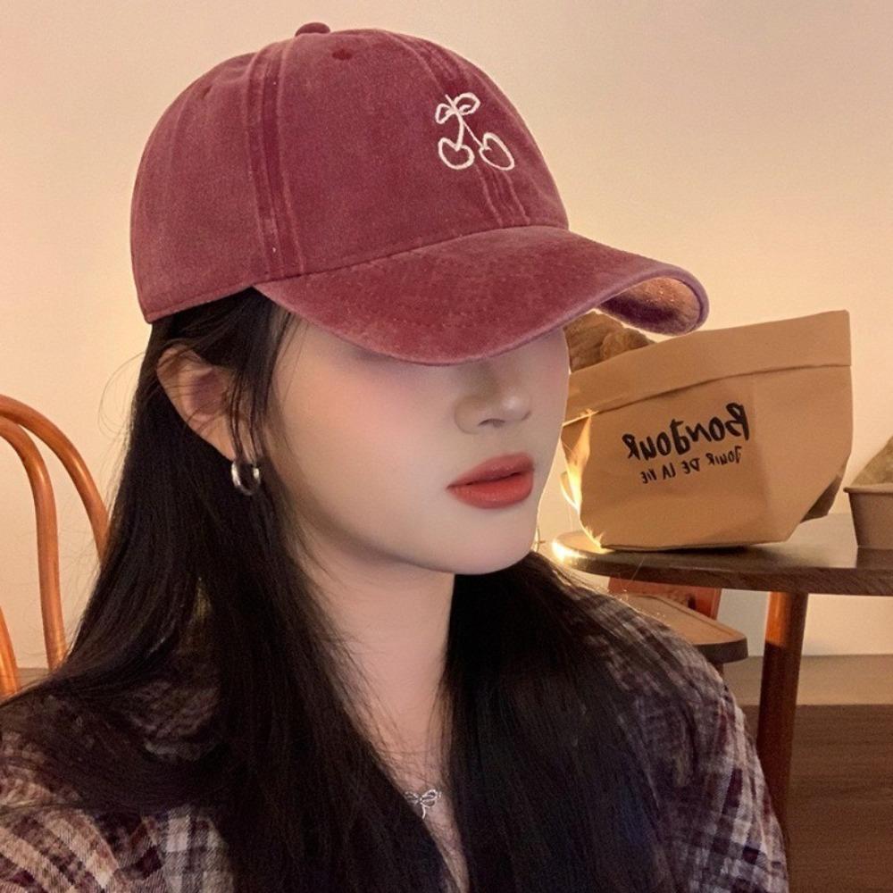 Embroidered Peaked Cap Solid Color Sunscreen Sun Hat Cute Cherry Baseball Cap  Hiking