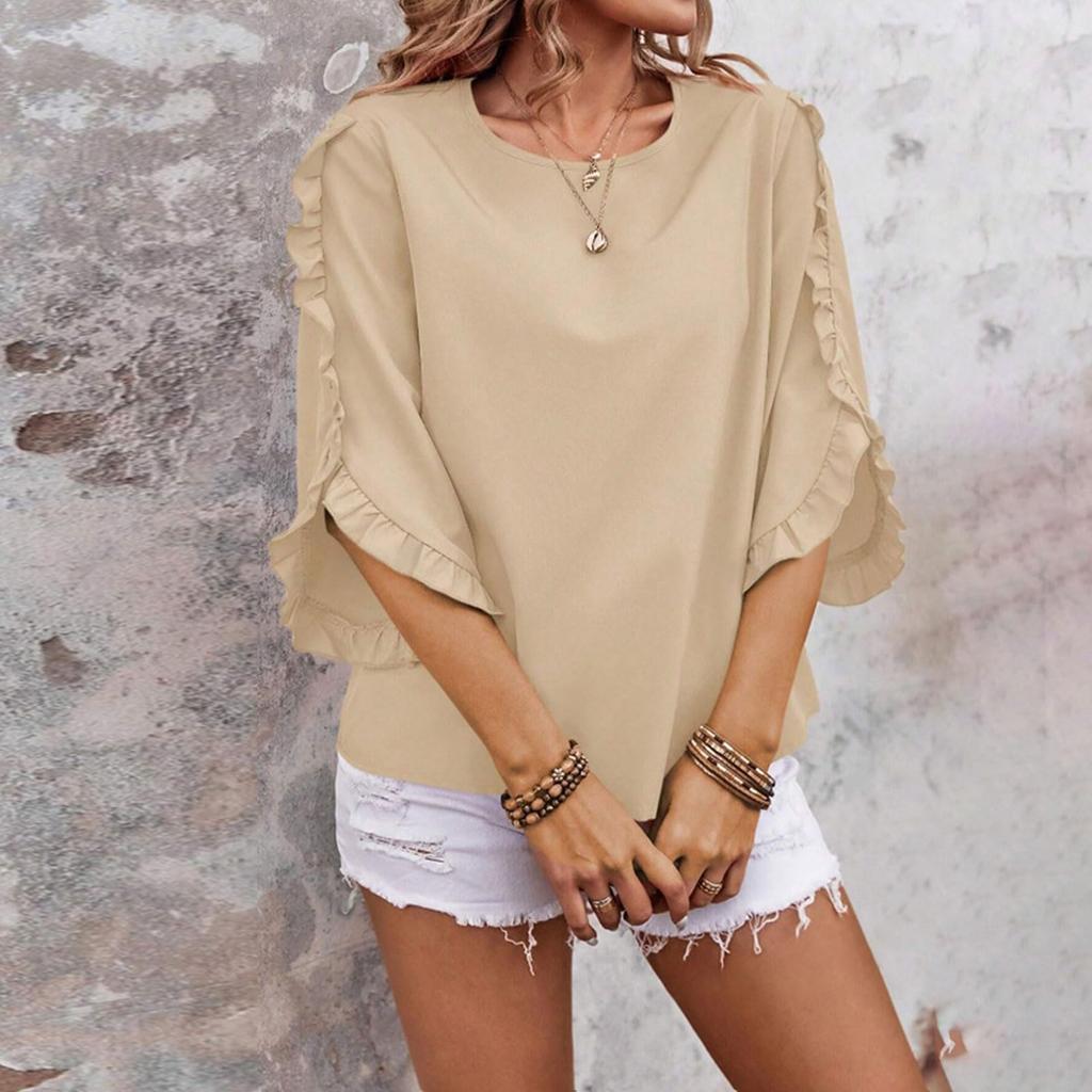 Women's Casual Short Ruffled 3/4 Sleeve Blouse