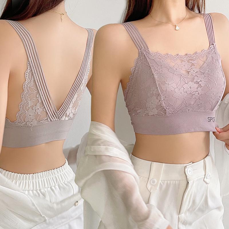 Lace Lingerie Bra for Women with Breast Pads Supports Side Breasts Plus Size Bra Vest Style Bandeau Top Strapless Bra