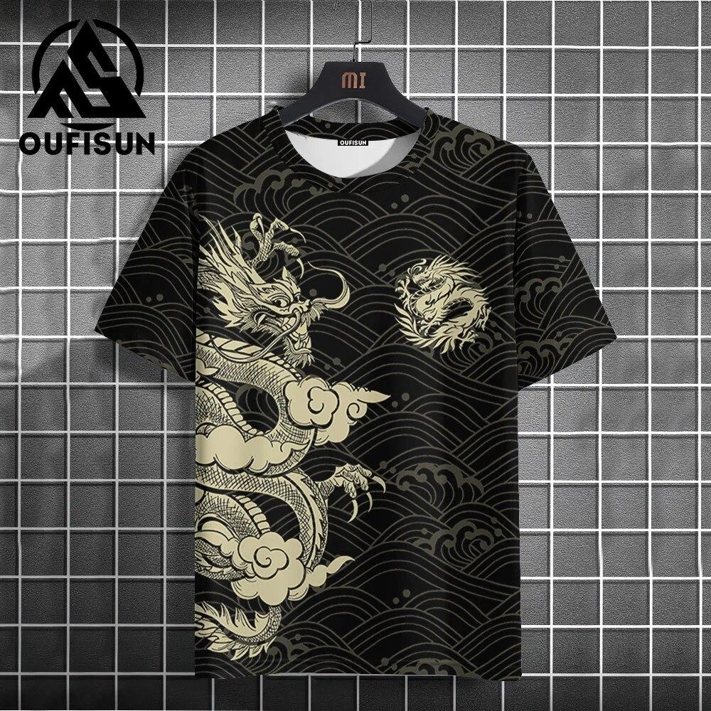 Letní pánské tričko s potiskem draka, módní, ležérní, s krátkým rukávem, denní pouliční oblečení, nadměrné, s kulatým výstřihem, pulovr