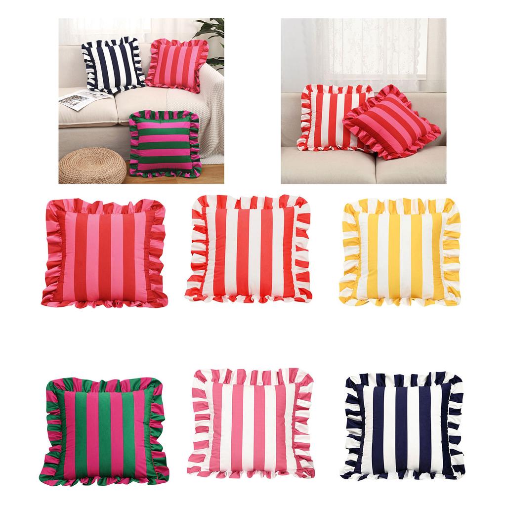 Stylish Square Pillow Cover With Ruffled Trim and Striped Pattern Design Throw Cushion Case For Sofa Bedroom Decors