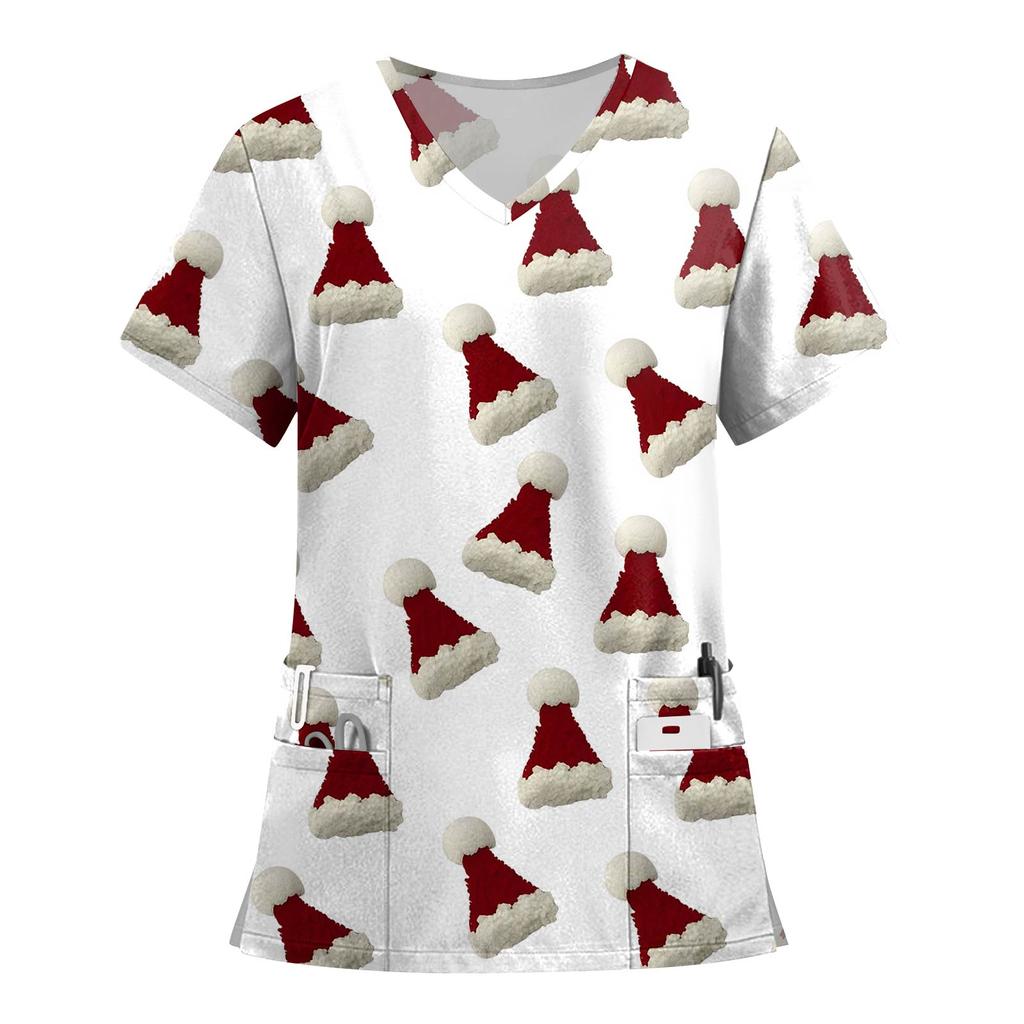 Women's Fashion Printed Short Sleeve V Neck Pattern Tops Pocket Working T-shirts