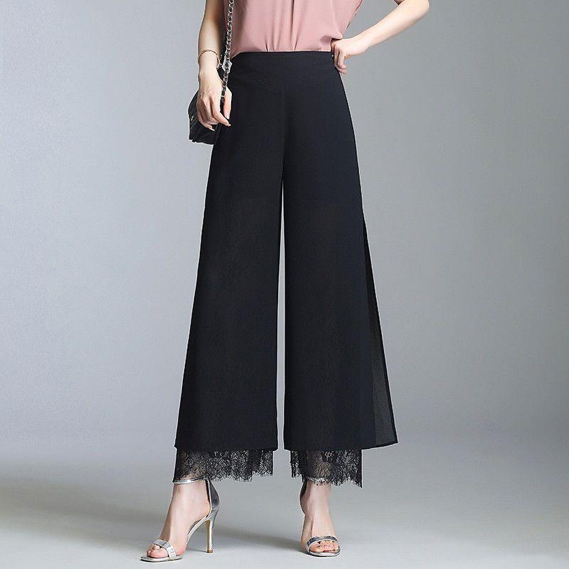 Elegant Lace Hollow Out Cropped Trousers Patchwork Split Female High Waist Commute Solid Color Summer New Elastic Wide Leg Pants
