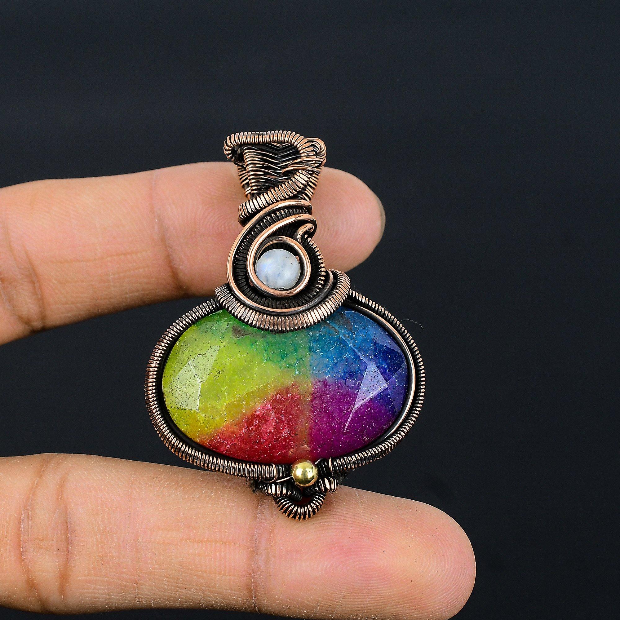 

Кулон из Радужного Солнечного Кварца, обернутый медной проволокой 999 пробы, Ювелирное изделие с подвеской из драгоценного камня ручной работы, Подарки для жены, Новая подвеска 2.99 Inches