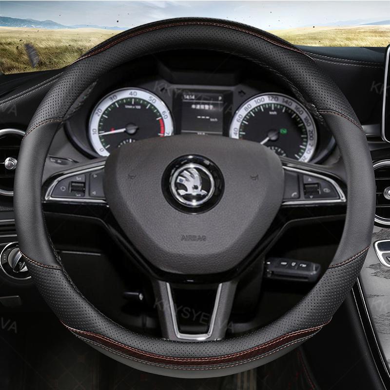 Fibră de carbon+ piele husă volan auto anti-alunecare pentru interior auto Skoda Fabia 1 2 3 I II III