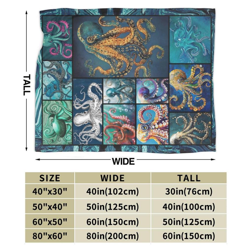 Ocean Octopus Flannel Fleece Blanket 50"x60" Soft Cozy Warm Plush Throw for Kids Adults Home Travel Decor Gift