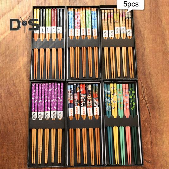 Anti-Rutsch 5 Paar Essstäbchen, gratfrei, lebensmittelecht, guter Halt, antihaftbeschichtet, Essen, 6 Stile, Blumenmuster, Bambus-Essstäbchen