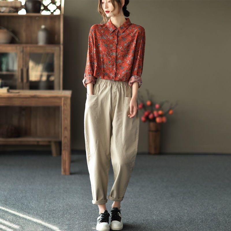 Women's Printed Cotton Linen Shirt Women's Casual Spring and Autumn Vintage Long-sleeved Shirt Top