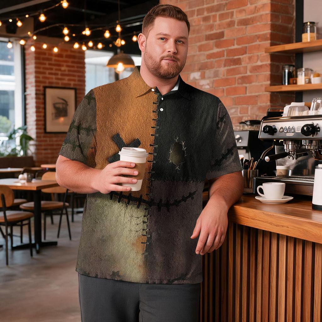 Men's Plus Size Halloween Print Golf Polo Shirt Breathable Short Sleeve Casual Workwear Top with Button Collar