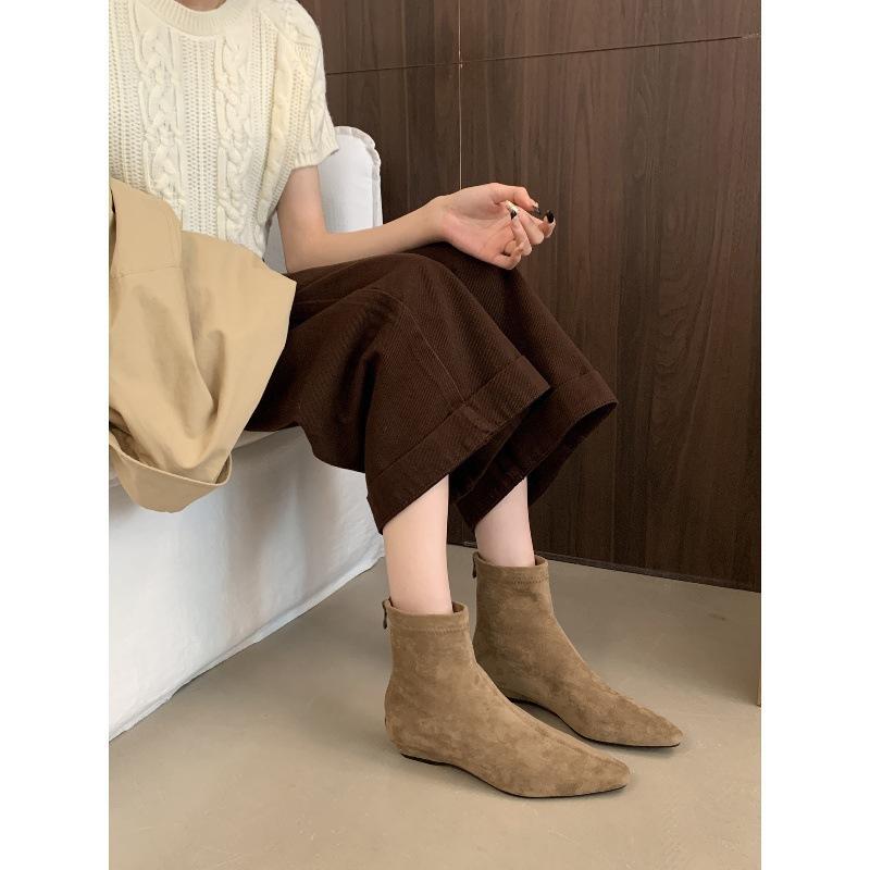 Autumn Simple Matte Suede Flat Socks Boots Flat Heel Thin Boots Temperament Pointed Short Boots Women's