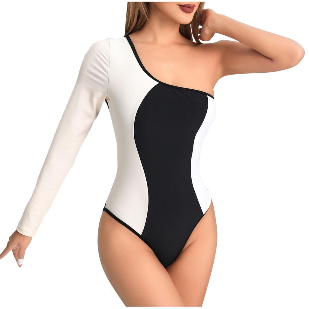 One Shoulder Long Sleeve Monokini Swimsuit for Women Asymmetric Cutout Bodysuit Bathing Suit Stylish Swimwear for Beach Pool
