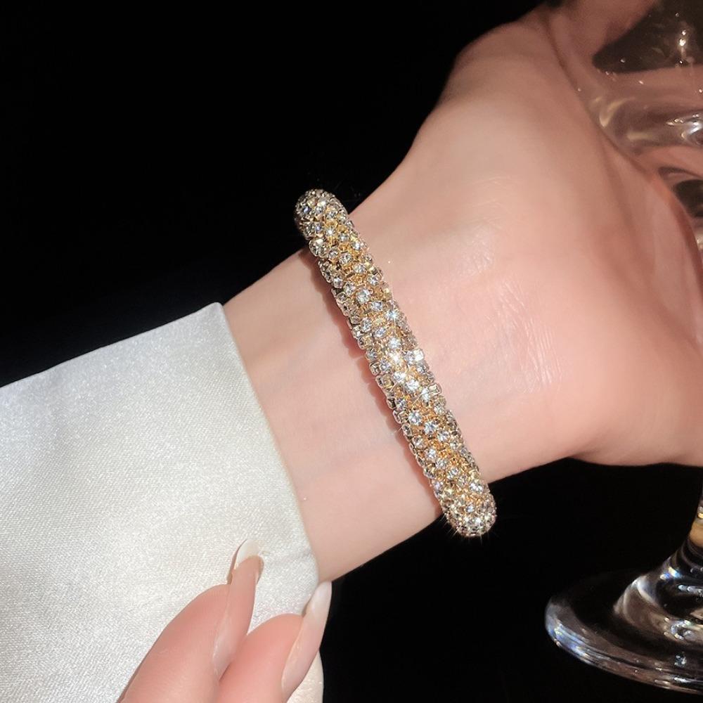 Gold Cuff Bracelet Round Open Bangle Luxury Rhinestone Bangle  Ladies