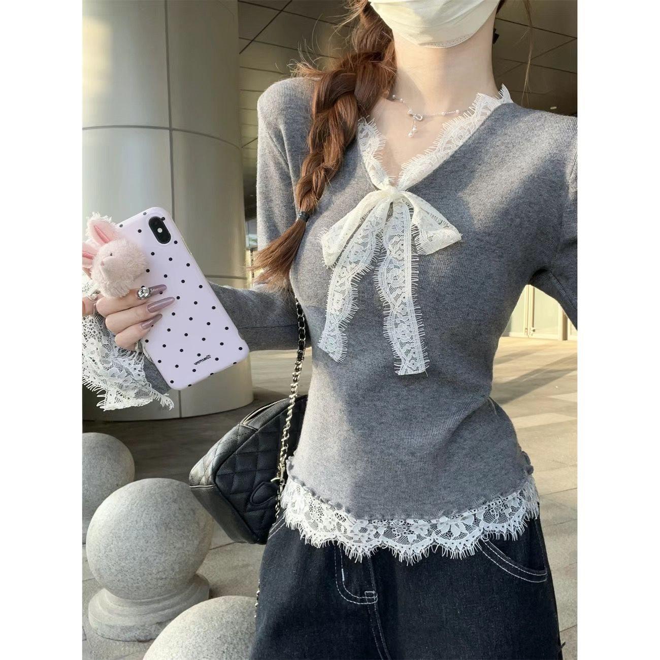 

Французский Шик Кружевной Свитер с Бантом на Воротнике - Женский Универсальный Вязаный Топ с Рукавами-Колокольчиками для Осени и Зимы S (76-90 jin)