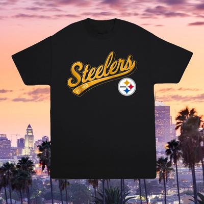 Maglietta Pittsburgh Steelers Script Nera 100% Cotone S-4X T-shirt da Football NFL Unisex