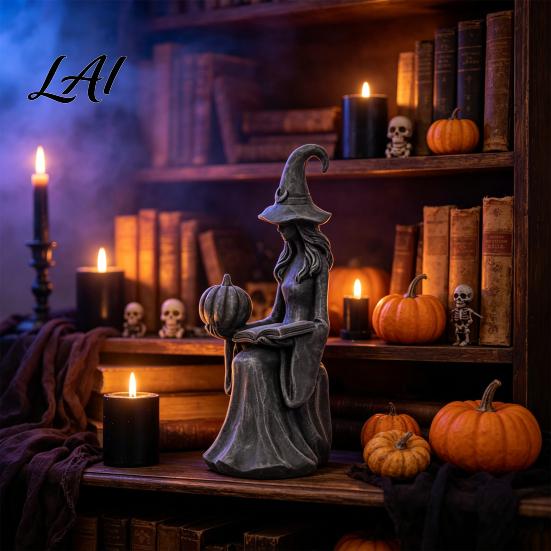 Gothic Home Decor Halloween Witch Statue Figurine with Pumpkin And Book Matte Black Porch Sculpture Mantel Shelf Desk Decor Compact Tabletop
