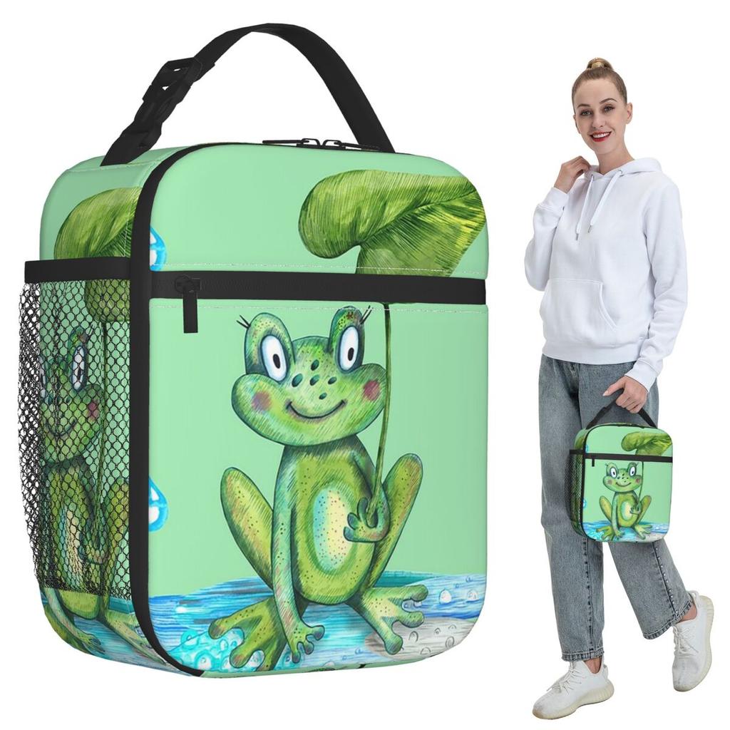 Bolsa de Almuerzo Térmica con Rana Linda Bajo Hoja y Lluvia para Niños, Nevera Escolar, Contenedor de Comida Térmico, Bolsa de Tote, Contenedores de Lonchera a Prueba de Fugas