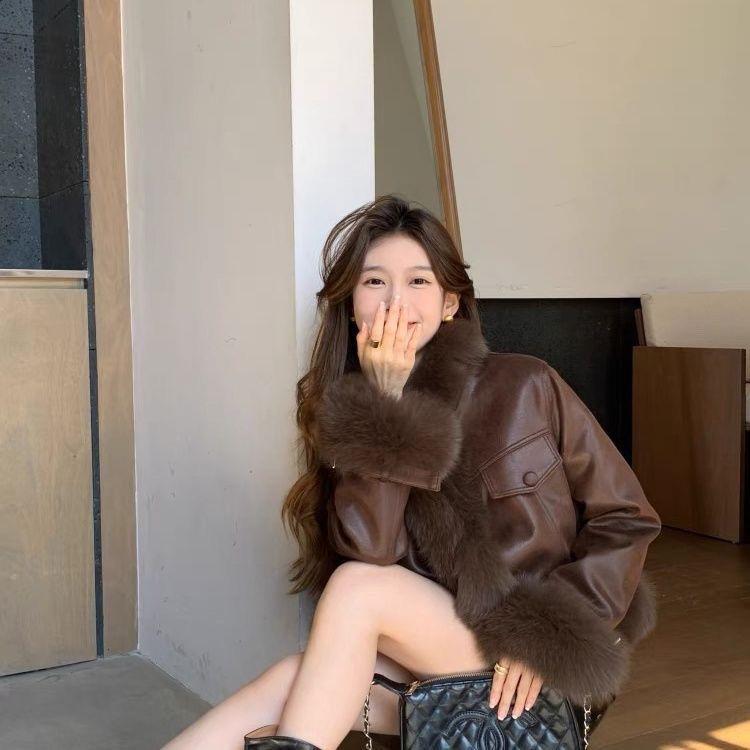 Vintage Patchwork Faux Fox Fur Coat Short Outerwear Women Retro Style Jacket