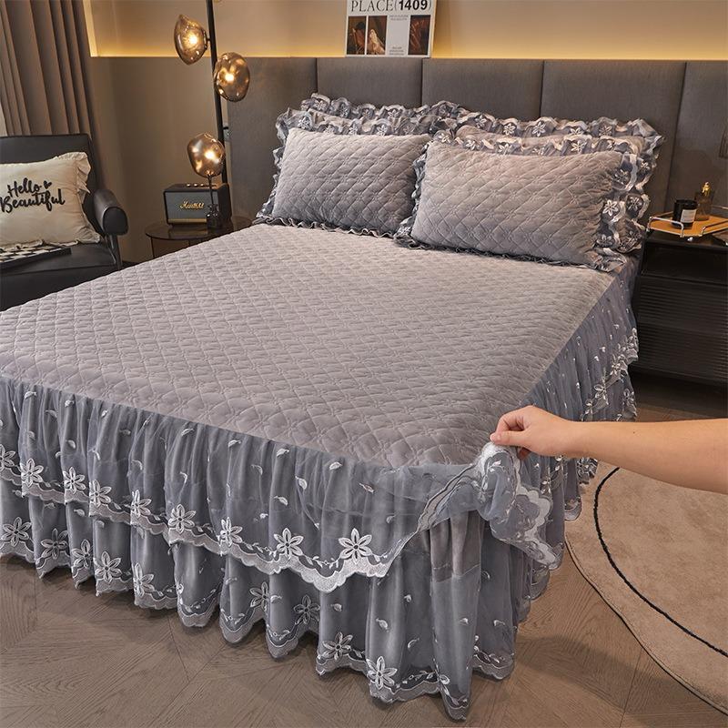 Cotton Padded Velvet Lace Bed Skirt Winter Thick Bed Cover Three Piece Set Single Piece Anti-skid and Anti-static Bed Sheet