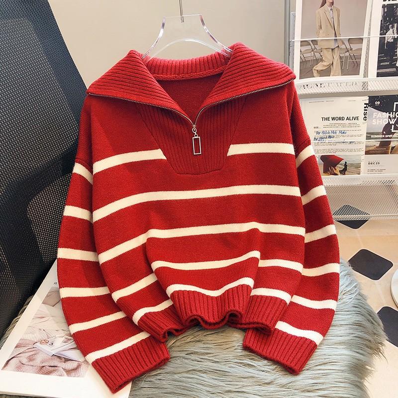 Autumn Winter Stand Color Vintage Striped Patchwork Pullover Sweater Women Loose Casual All-match Knitting Top