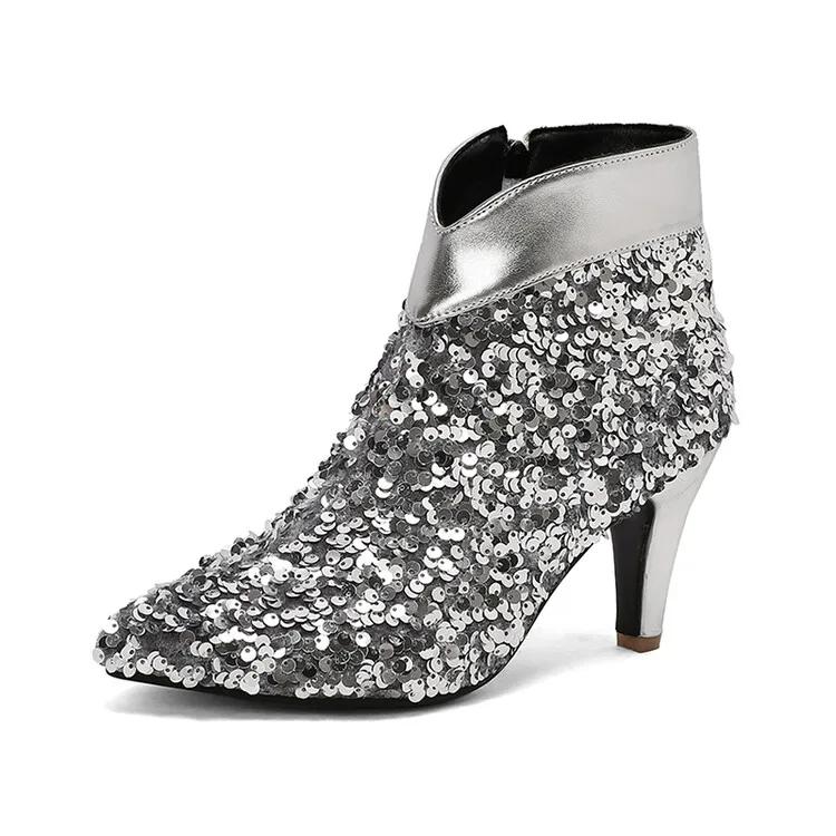 Fashion New Silver Sequin 8cm High-heeled Short Boots European American Autumn Winter Fashionable Elegant Women Ankle Boots Size 34-47