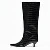 Women's Black Crocodile Embossed Knee High Boots Pointed Toe Kitten Heel Patent Leather Finish Stylish Party Daily Wear Footwear