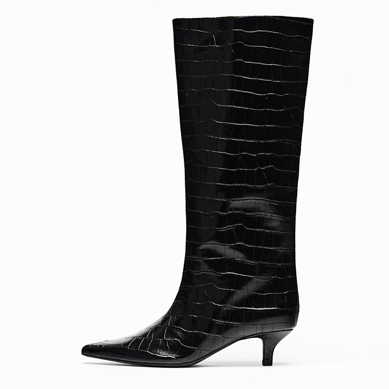 Women's Black Crocodile Embossed Knee High Boots Pointed Toe Kitten Heel Patent Leather Finish Stylish Party Daily Wear Footwear