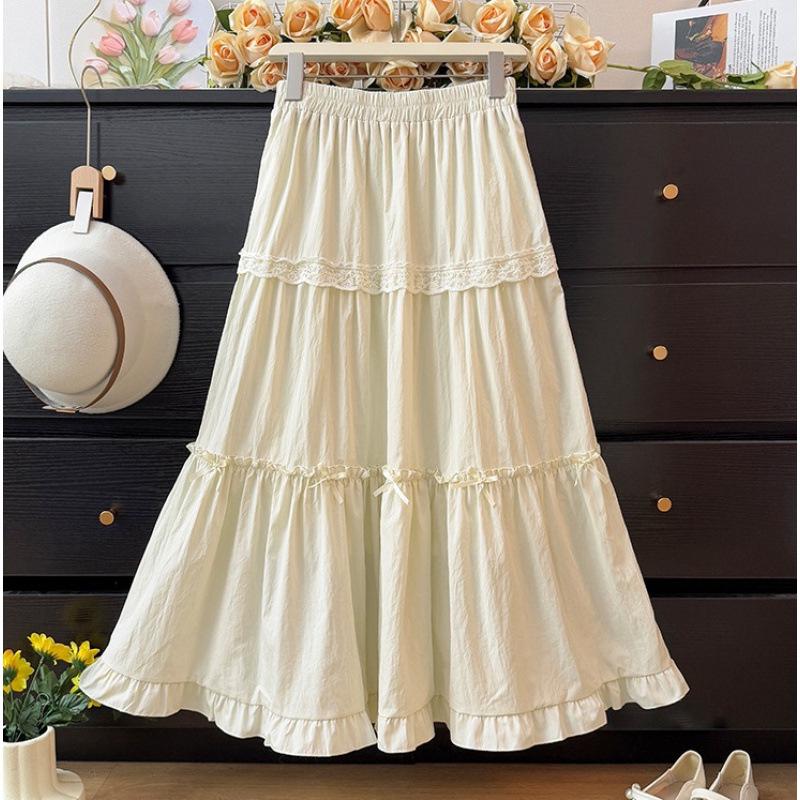 Women's Sweet Lace Patchwork Bow Ruffle Midi Skirt, Spring 2025