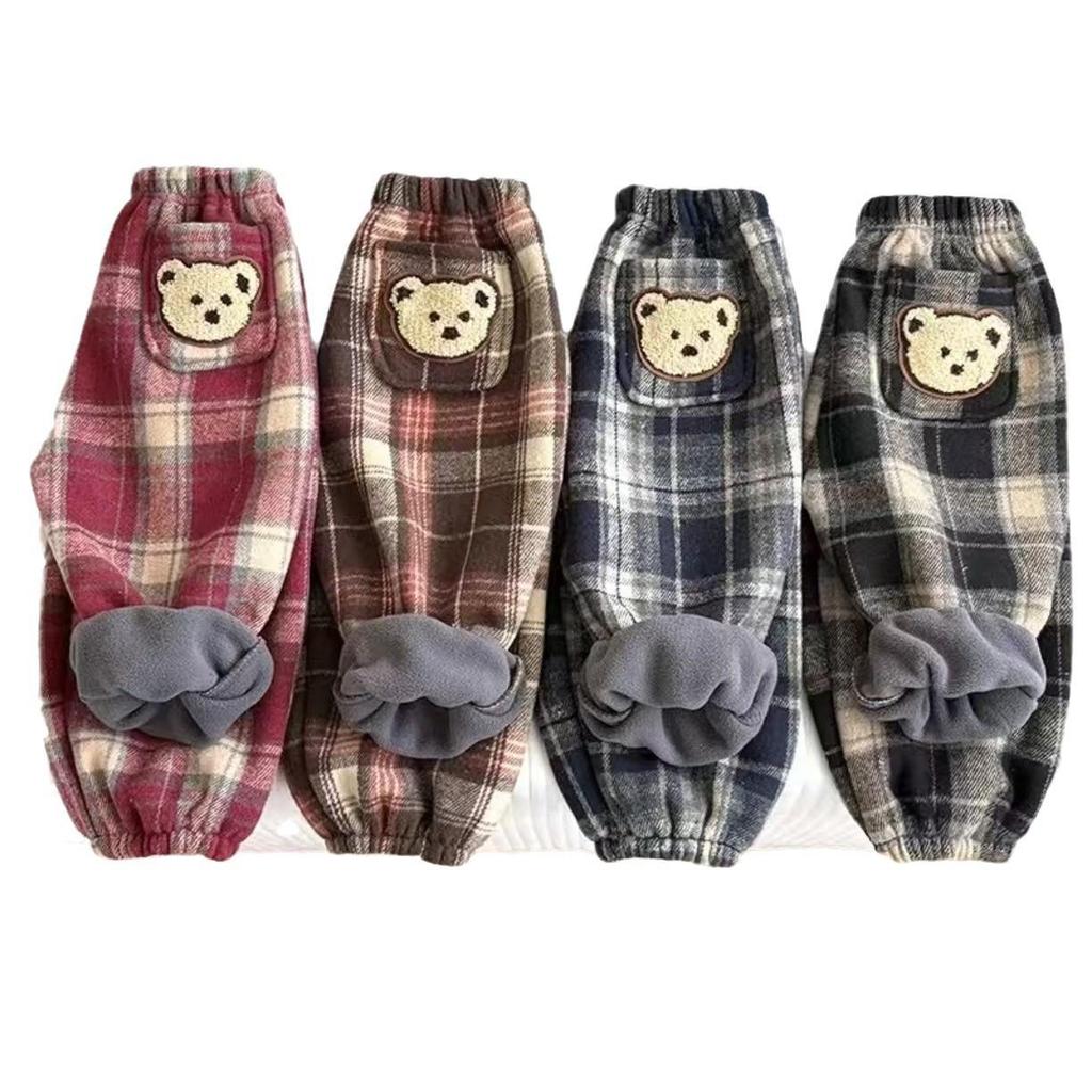 Kinder Karomuster Fleece Sweatpants - Warme Cartoon Applikation, Herbst/Winter, Jungen & Mädchen