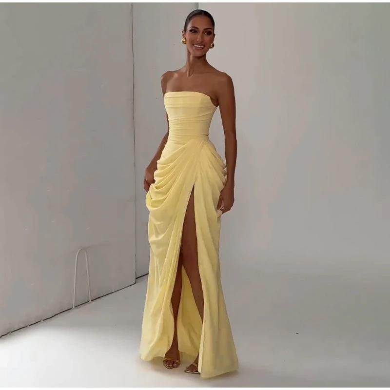Solid Sexy Pleated Strapless Dress Women Chic Off-shoulder Backless High Waist Split Maxi Dresses 2026 New Evening Party Gown