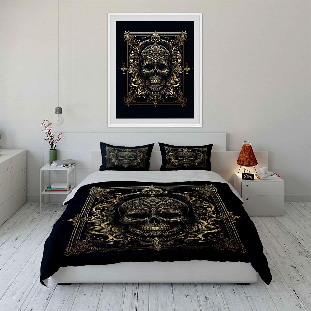 Vintage Gold Ornate Skull Baroque Duvet Cover Set Black Luxury Gothic Bedding Includes 1 Duvet Cover And 2 Pillowcase Gift