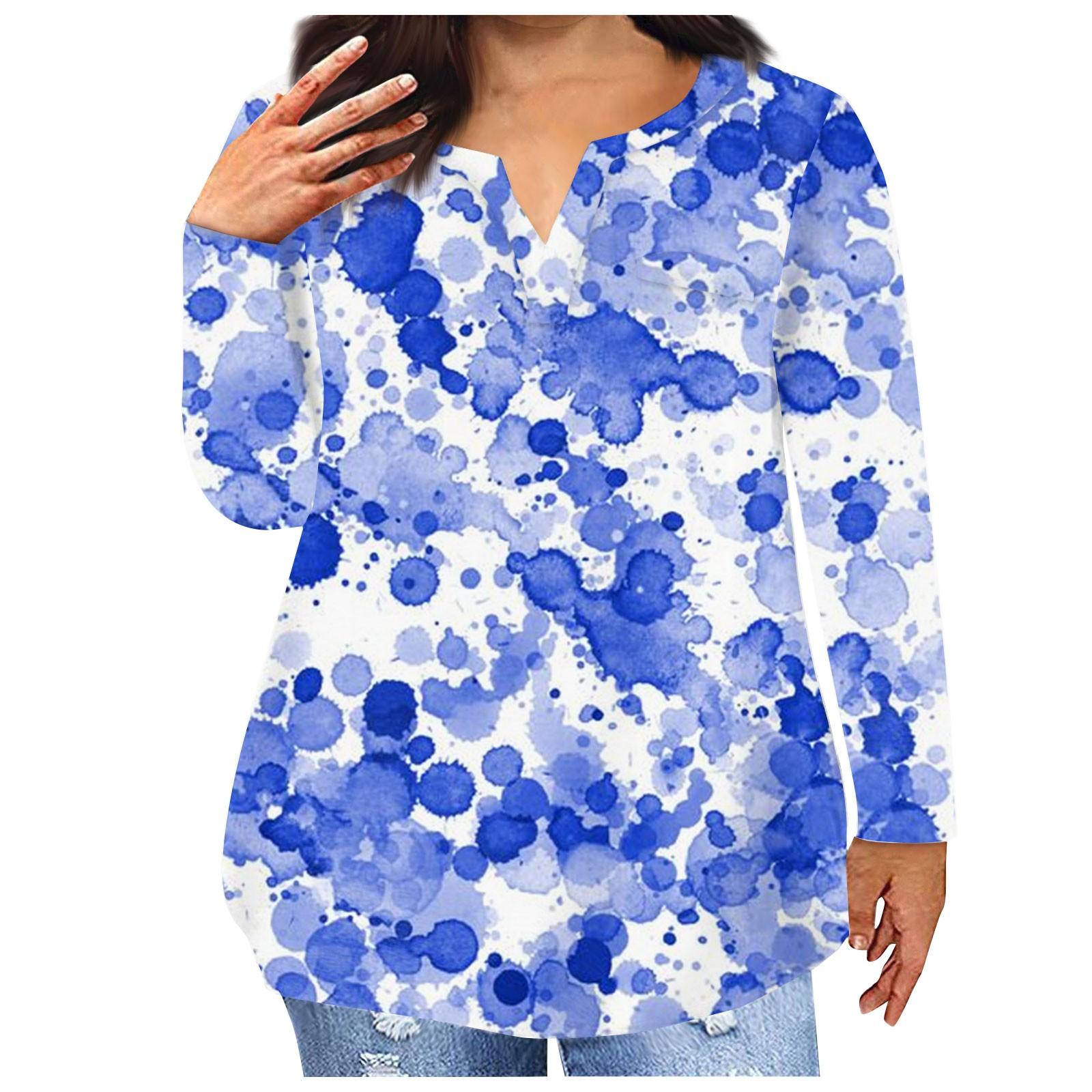 

Модная женская повседневная футболка больших размеров с длинными рукавами и круглым вырезом с градиентным принтом и карманами XL синий