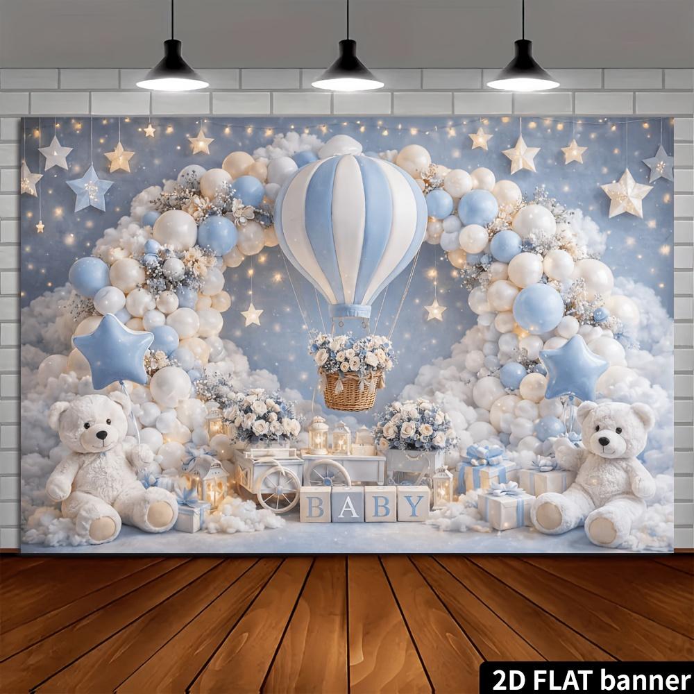 2D flat blue and white balloon arched bear background sky scene design with hot air balloons gift cars letters and lanterns