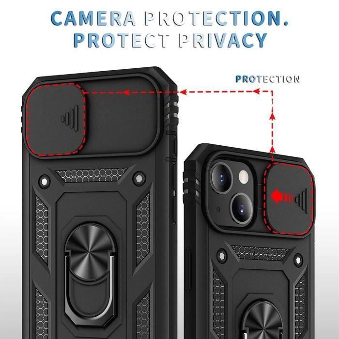Coque pour iPhone 14 - Noir - Béquille pivotante 360° - 2 Verres Trempés - Protection caméra