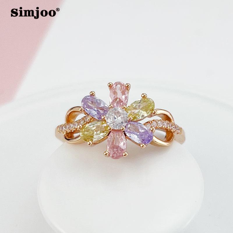 SIMJOO Simple and Colorful Zircon Rose Gold Flower Ring for Women