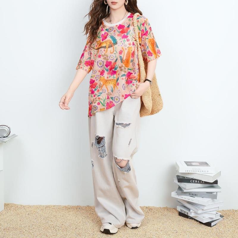 DIMANAF 2026 Plus Size Summer Beach Women Tees T-Shirts Casual Lady Tops Tunic Shirt Oversize Loose Floral Print Knitted