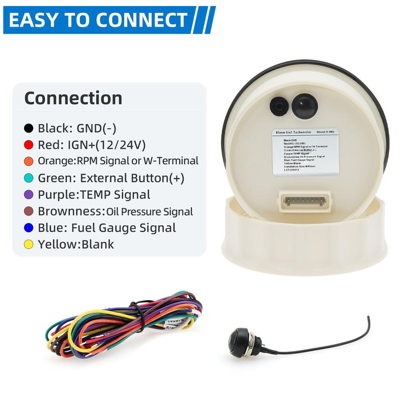 85mm 6 In 1 Multi-Function Tachometer Fuel Gauge Water Temp Oil Pressure Voltmeter LCD Display For Marine Boat Car 12V24V